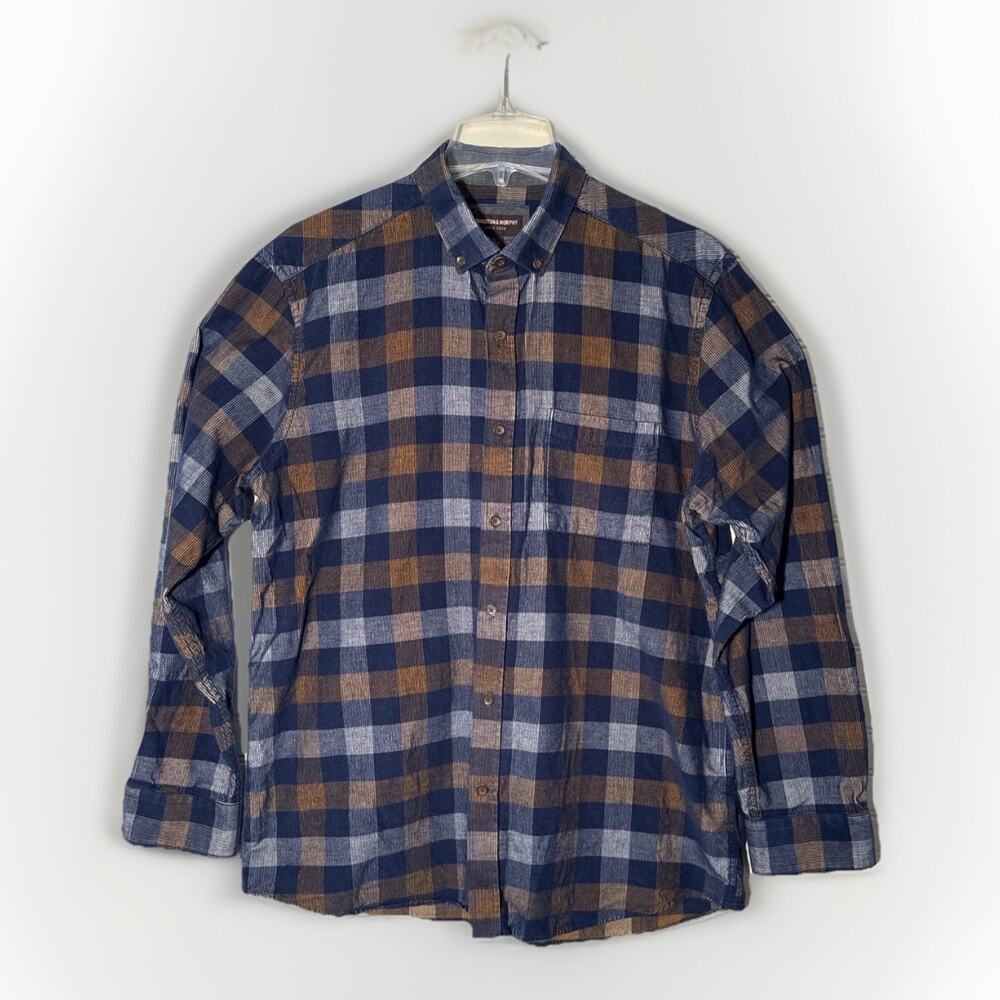 Johnston & Murphy Mens L Blue Plaid Shirt Brushed Heathered Casual Button Down